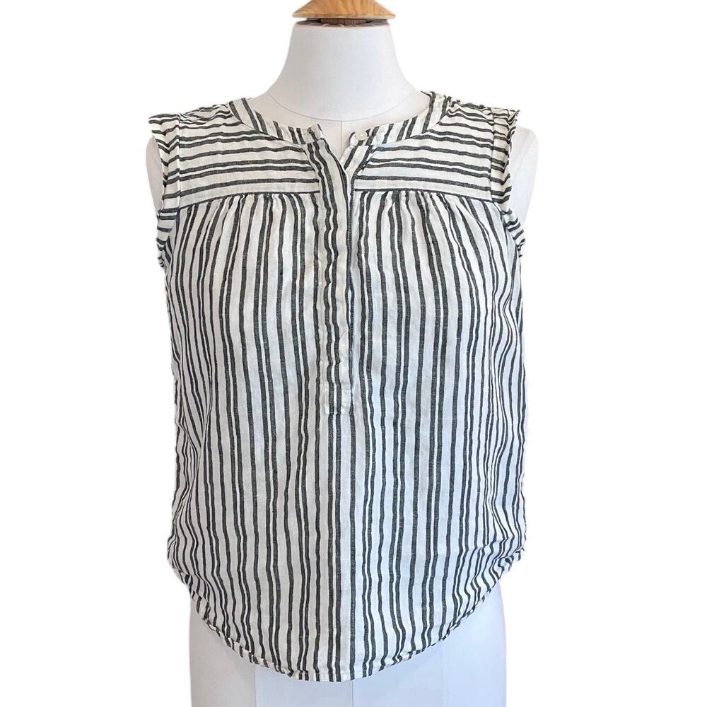 LOFT Linen Black Stripe Sleeveless Blouse, Ruffle, Minimalist, Coquette, SP